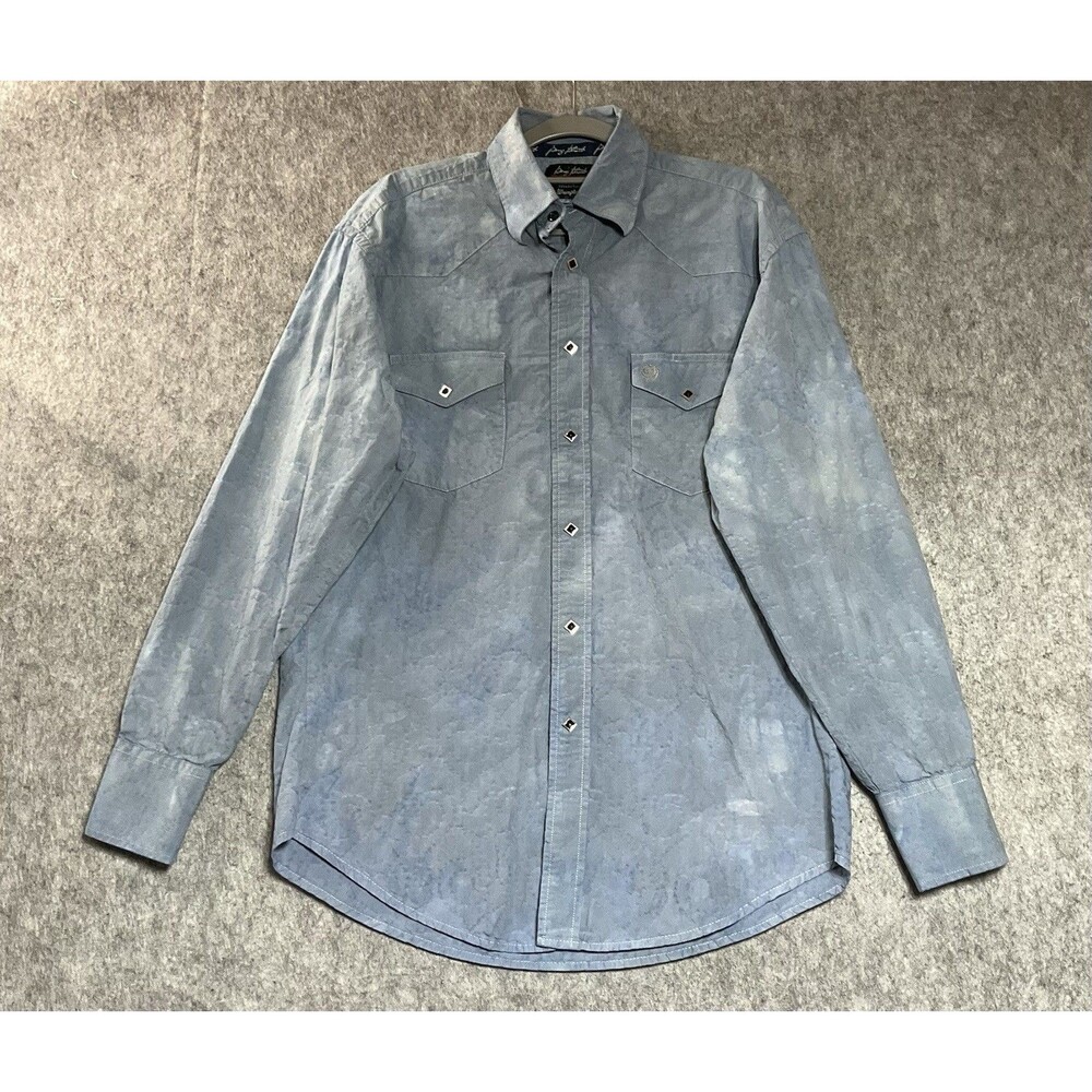 Custom Wrangler George Strait Shirt Mens Large Blue Western Hand Dye Acid Wash